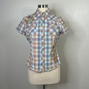 Miss Me Floral Boot Embroidered Plaid Pearl Snap Western Shirt large junior